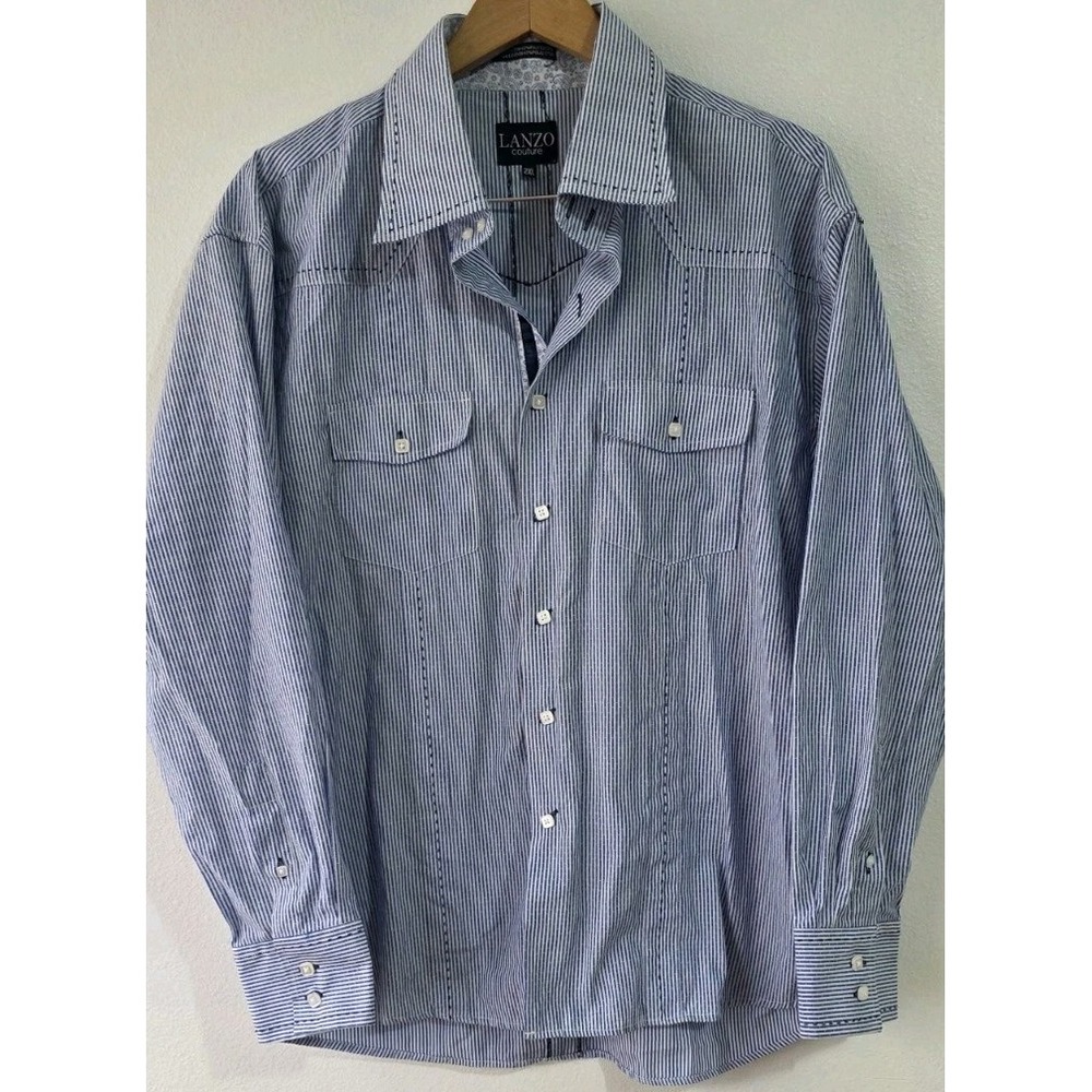 Lanzo Couture Mens Button Up Sz 2XL Blue Striped Stitching Detail Long Sleeve